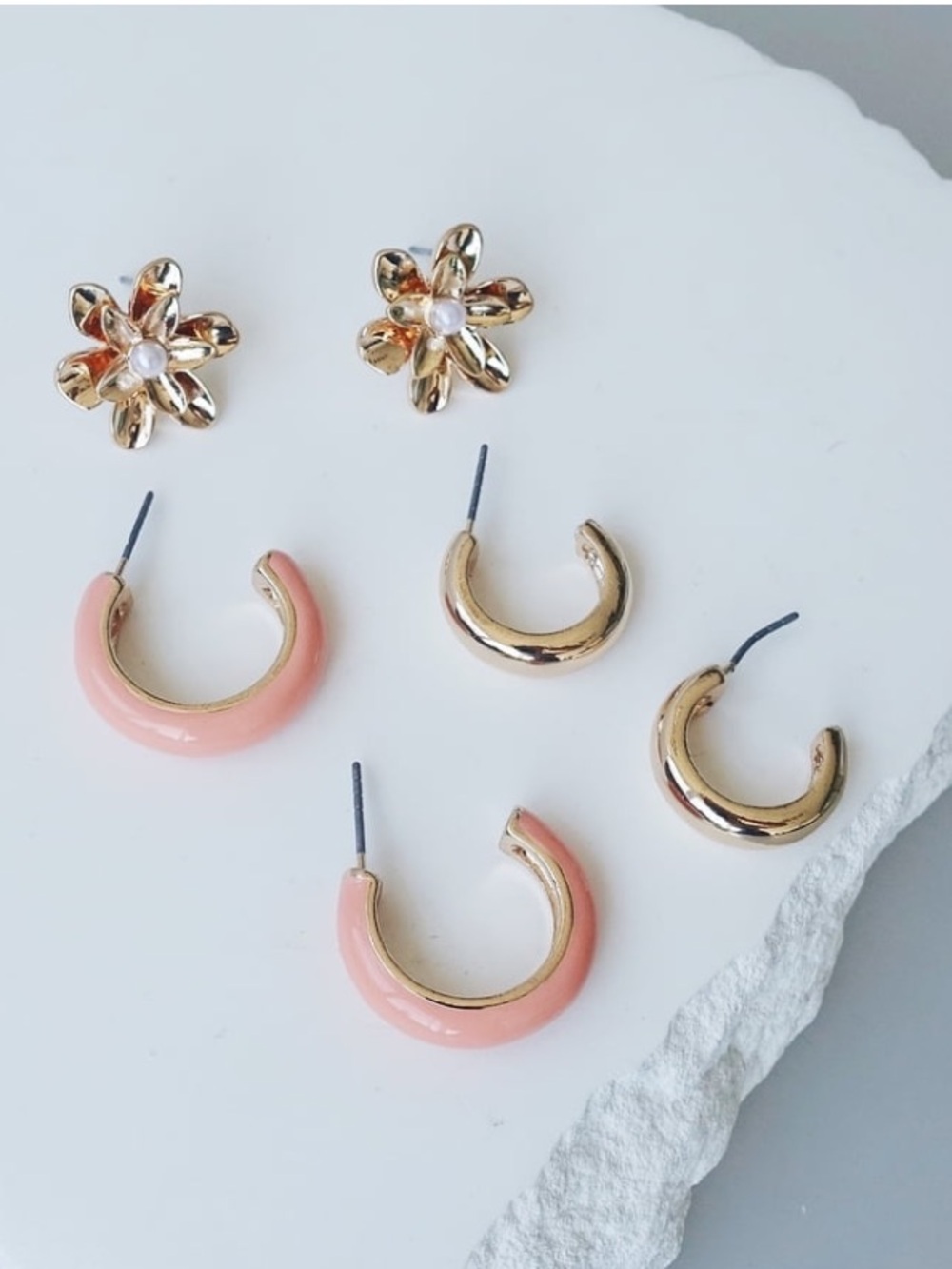 Gold & Pink Hoop and Daisy Stud Earring Set